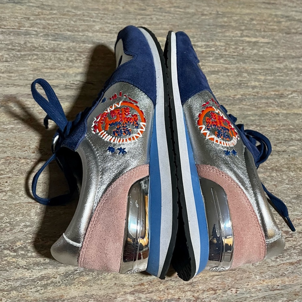 Tory Burch Silver/ Navy/ Sea Victorian Brielle Leather & Suede Sneakers - Picture 7 of 15